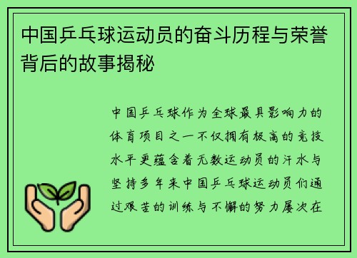 中国乒乓球运动员的奋斗历程与荣誉背后的故事揭秘