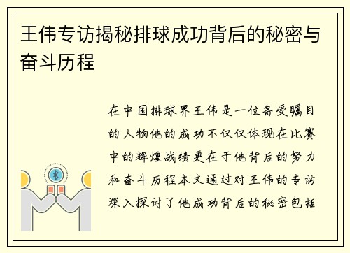 王伟专访揭秘排球成功背后的秘密与奋斗历程